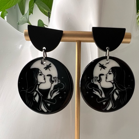 Black & White Emo Earrings - Gothic Woman & Snake Witchy Earrings - Picture 2 of 5